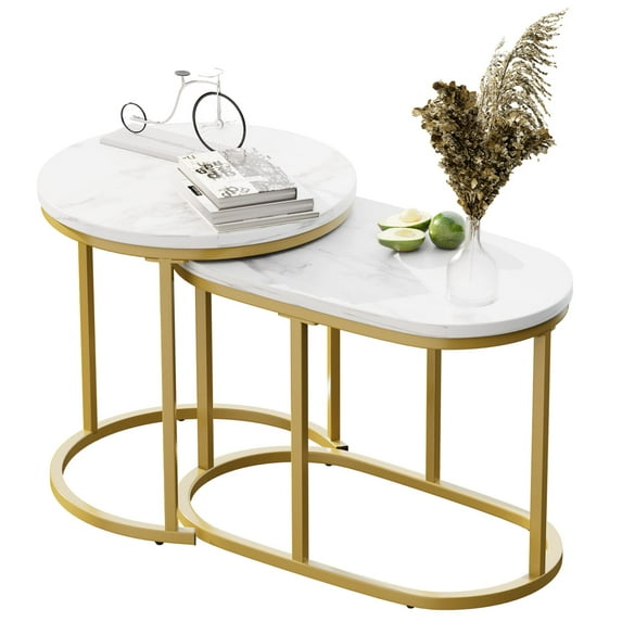 Nesting Coffee Table Set of 2 Modern Round Black Faux Marble Wood Table,Side Table Gold Metal Frame Oval End Table Small Space for Living Room,Bedroom,Studio Apartment Essential