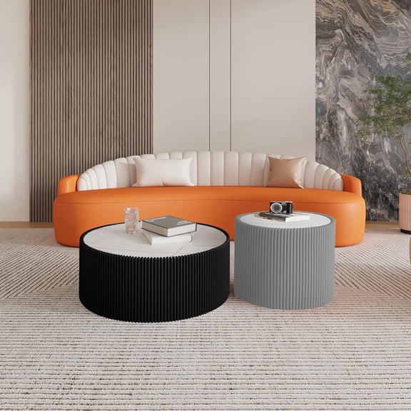 Nesting Coffee Table Set of 2, Modern Round Coffee and End Table with Faux Marble Top & PU Leather Base, Small Cylinder-Shape Round Center Table Sofa Side Tables for Living Room