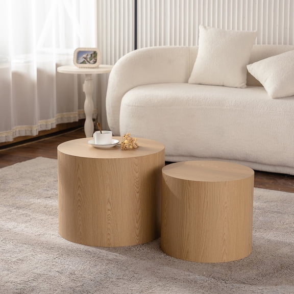 Nesting Coffee Table Set of 2, Modern Round Coffee Table with Non-Slip Feet, Walnut Wooden Circle Accent Tables for Small Spaces Living Room Bedroom Balcony Office Drum Side Table