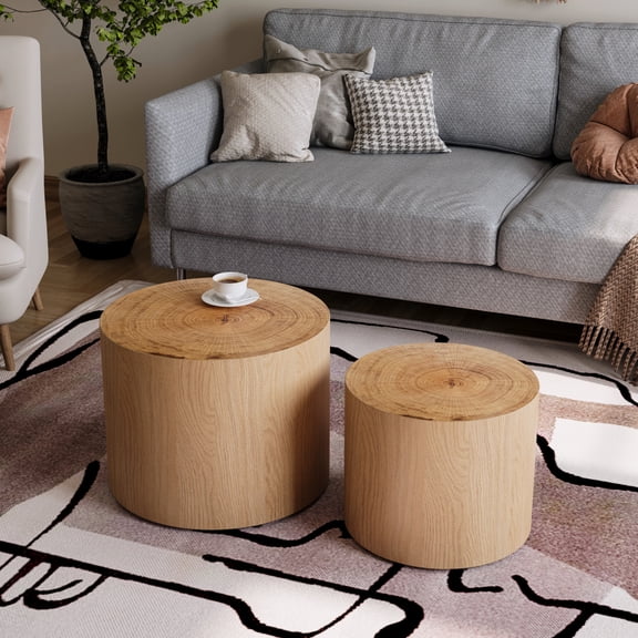 Nesting Coffee Table Set of 2, Modern Round Coffee Table, Wooden Circle Accent Tables for Small Spaces Living Room Bedroom Balcony Office Drum Side Table, Natural Wood with Real Tree Ring No.4647