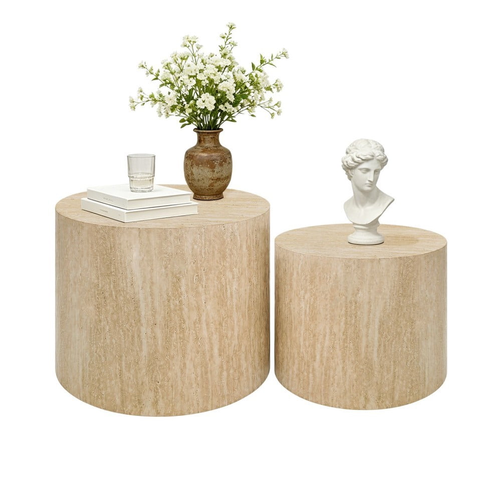 Nesting Coffee Table Set of 2, Modern Round Wood Side Tables with Non-Slip Feet, Small End Tables for Living Room, Bedroom, Office, Balcony, Small Spaces, Beige Gray