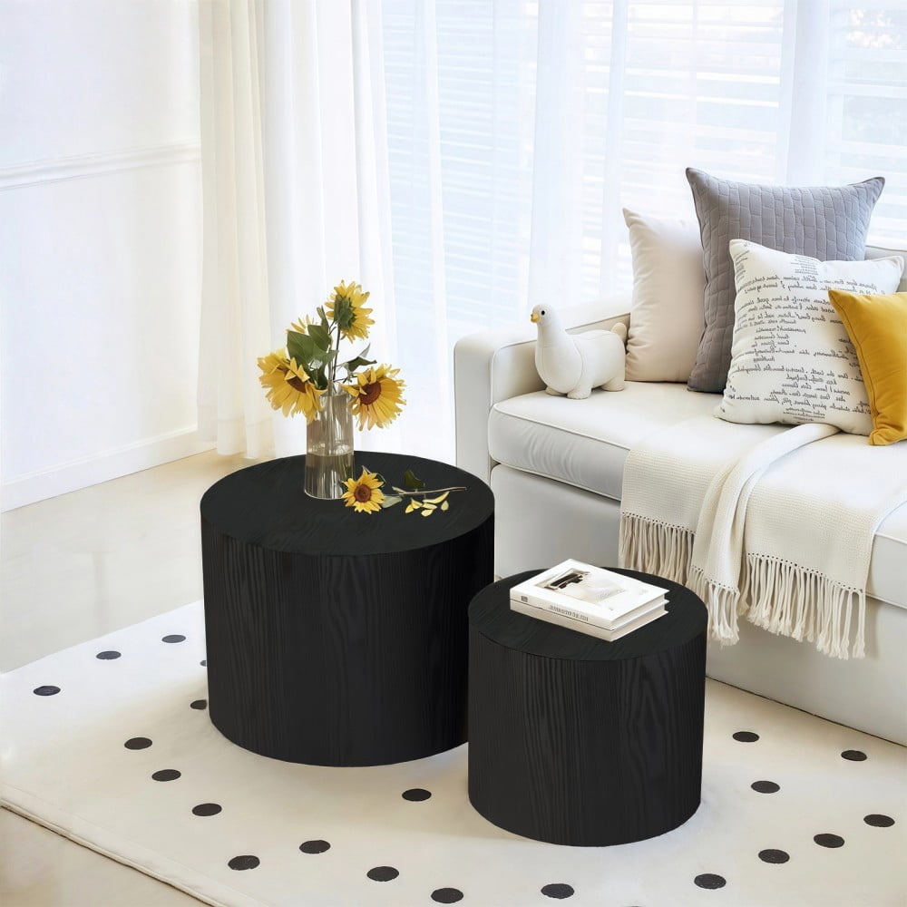 Nesting Coffee Table Set of 2, Modern Round Wood Side Tables with Non-Slip Feet, Small End Tables for Living Room, Bedroom, Office, Balcony, Small Spaces, Matte Black
