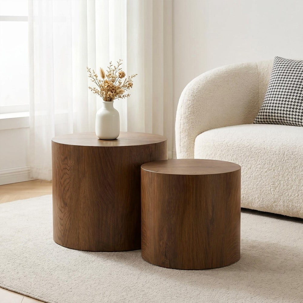 Nesting Coffee Table Set of 2, Modern Round Wood Side Tables with Non-Slip Feet, Small End Tables for Living Room, Bedroom, Office, Balcony, Small Spaces, Walnut