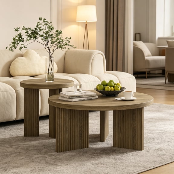 Nesting Coffee Table Set of 2, Modern Wooden Coffee Table with Smooth Thick Design, Circle Tea Table and End Table Set, Accent Center Table for Living Room, Office, Walnut