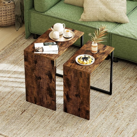 Nesting Coffee Table Set of 2, Rectangular Stackable Side Tables with Sturdy Metal Frames, Modern Nesting End Tables for Living Room, Bedroom, Rustic Brown