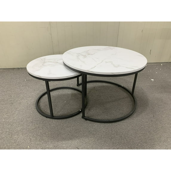 Nesting Coffee Table Set of 2, Round Coffee Table with Industrial Wood Finish & Sturdy Metal Frame, End Table Side Tables for Living Room Bedroom Balcony Yard (White)
