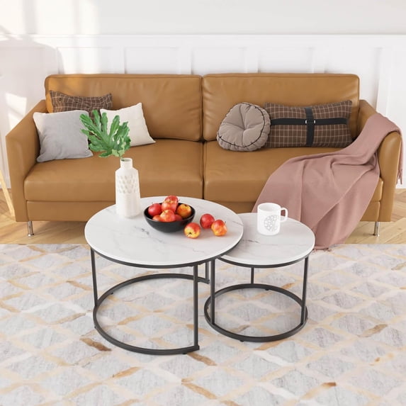 Nesting Coffee Table Set of 2, Round Nesting Tables with Marble-Look Top and Metal Frame, Modern Coffee Table Set for Small Spaces, Stackable Side End Tables for Living Room Bedroom etc. (W)