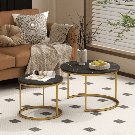 Nesting Coffee Table Set of 2, Round Side Tables with Marble Pattern Top & Sturdy Gold Metal Frame, Space-Saving End Tables for Living Room, Bedroom, Balcony, Patio,