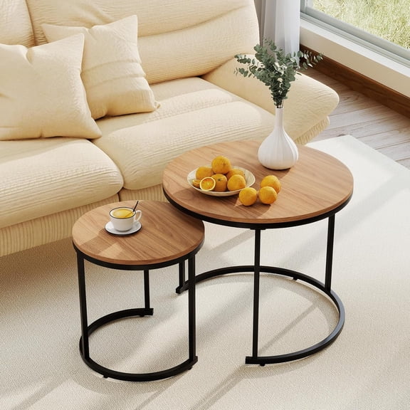 Nesting Coffee Table Set of 2, Round Stacking Side Tables w/Wooden Tabletop & Steel Frame, Space Saving Vintage End Tables for Living Room, Balcony, Office, Easy Assembly (Walnut)