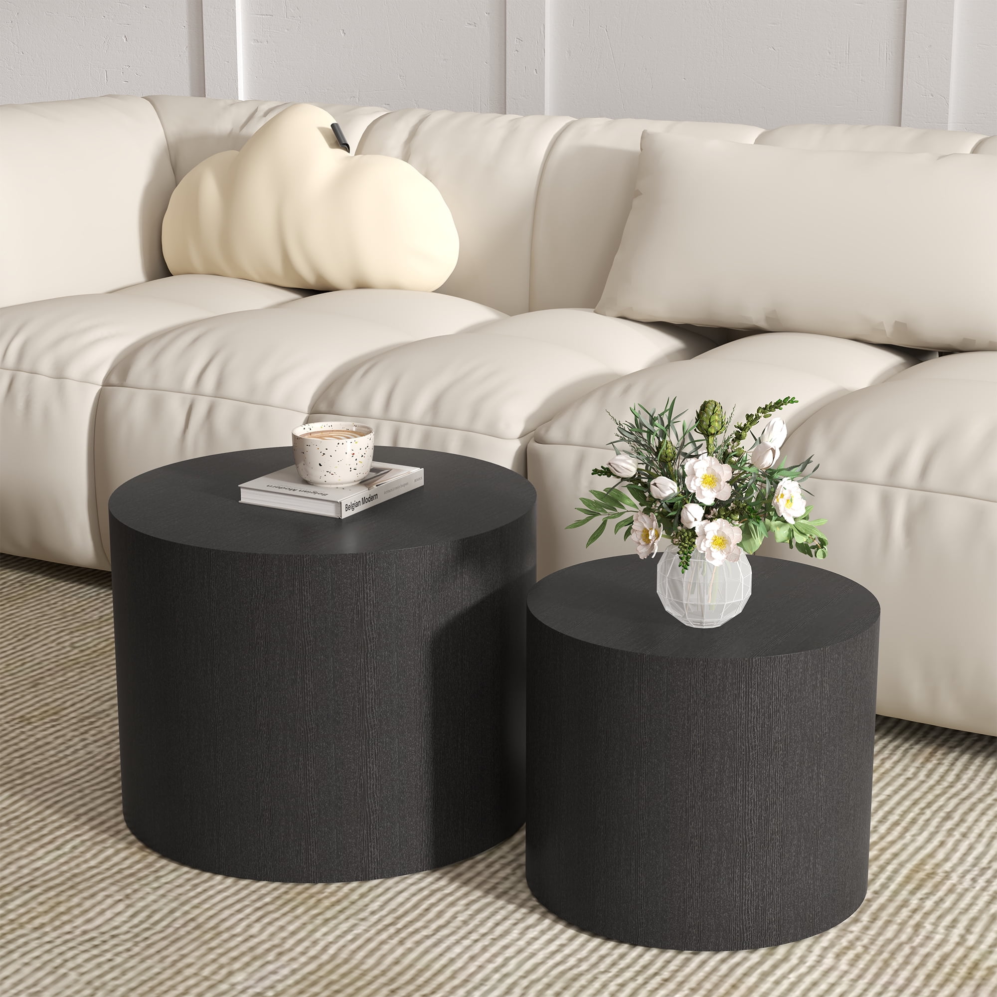 Nesting Coffee Table Set of 2, Round Wood Black Coffee Tables Modern ...