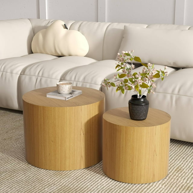 Nesting Coffee Table Set of 2, Round Wooden Coffee Tables Modern Circle End Table Side Table for Small Spaces Living Room, Bedroom, Balcony, Office, Wood Color