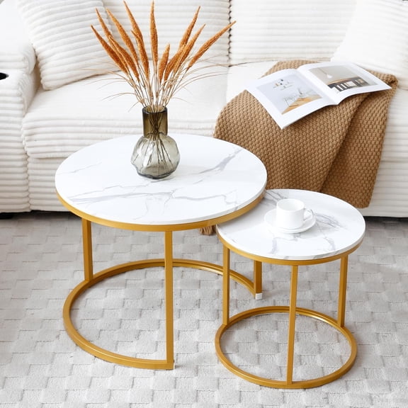 Nesting Coffee Table Set of 2, Side Round End Table Sturdy Metal Frame Desk for Living Room, Bedroom, Apartment,Modern Industrial Simple Nightstand, Gold