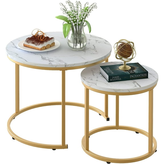 Coffee Table Nesting White Set of 2 Side Set Golden Frame Circular Round and Marble Pattern Wooden Tables, Living Room Bedroom Apartment Modern Industrial Simple Nightstand