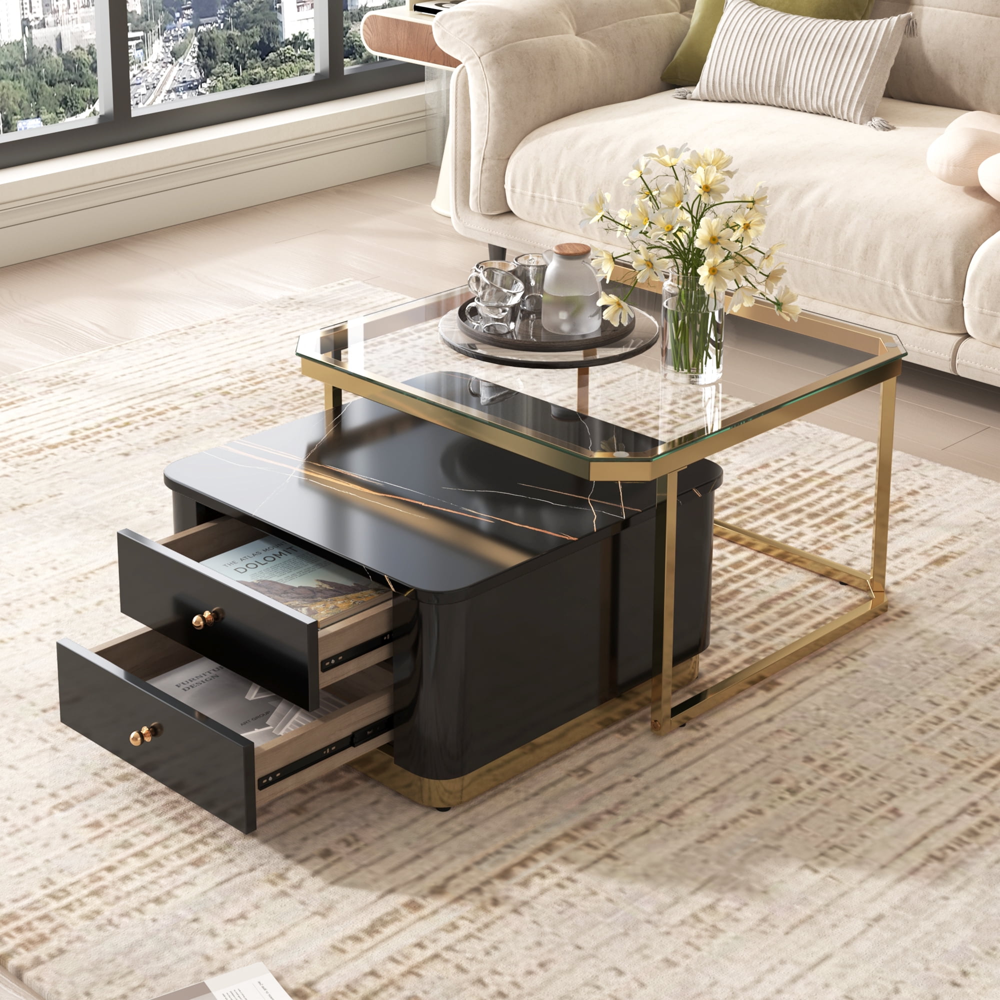 Nesting Coffee Table Set of 2, Square Modern Coffee Tables With ...