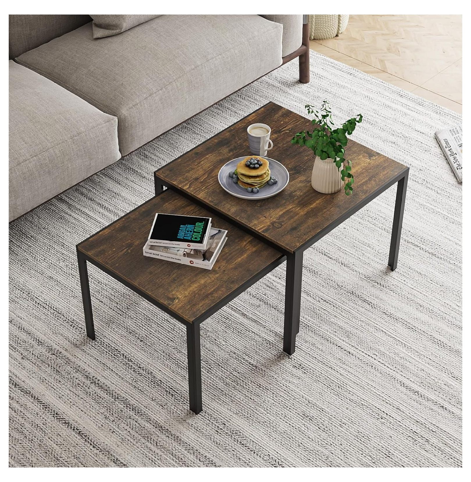 Nesting Coffee Table Set of 2, Square Modern Stacking Table with Wood ...