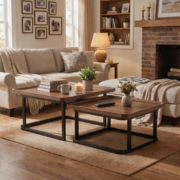 Nesting Coffee Table Set of 2, Square Small Coffee Tables, Versatile End Table Set,Space Saving Mid Century Modern Nesting Coffee Tables Stackable for Living Room, Bedroom