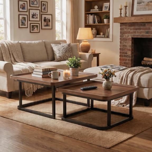 Nesting Coffee Table Set of 2, Square Space-Saving Mid Century Modern Stacking End Tables, Small Coffee Tables for Living Room, Bedroom, Balcony,Walnut