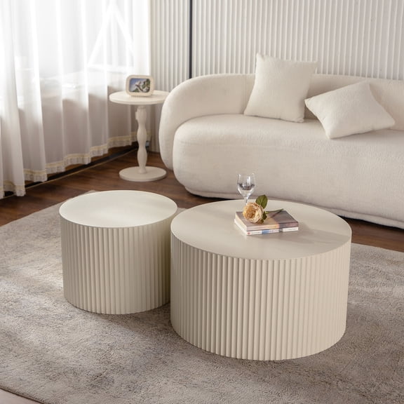 Nesting Coffee Table Set of 2 | Suitable for Living Room, Bedroom, Office & More | MDF Material with Embossed Lines | Space-Saving & No Assembly Required