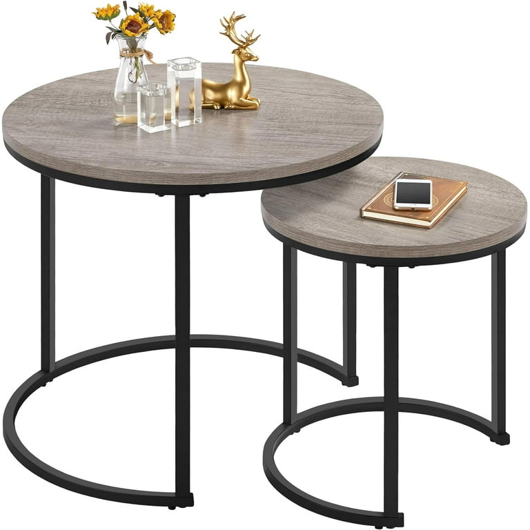 Nesting Coffee Table Set of 2, Nesting Table, Rustic Stacking Side Tables,  Nesting End Table Set w/Round Wooden Tabletop and Sturdy Metal Base for  Living Room,Small Space, Gray 