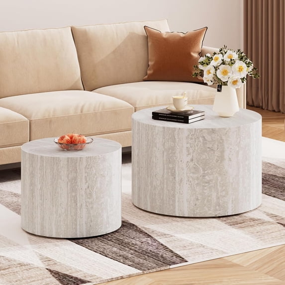 Nesting Coffee Table Set of 2 Travertine Small Round End Tables Modern Circle Side Table Drum Tables for Living Room/Small Spaces/Bedroom/Balcony, No Assembly (Travertine)