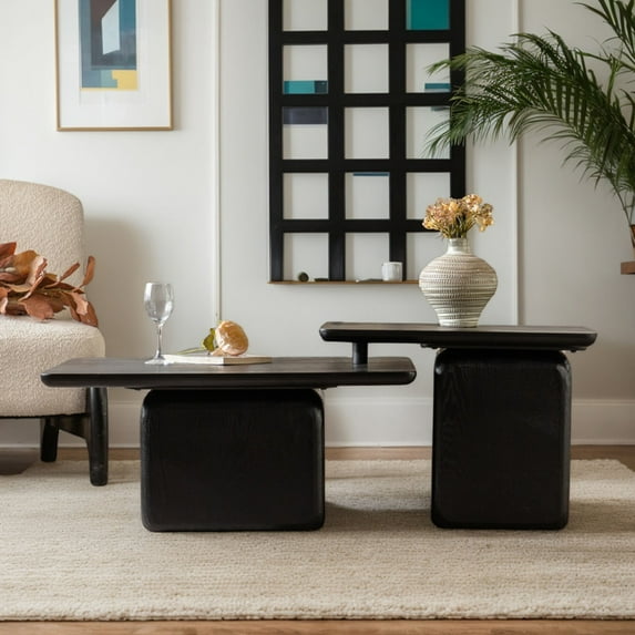 Nesting Coffee Table Set of 2, Vintage Style 31.5"+23.6" Rectangle Coffee Table Set with Wood Grain Finish, 2 Piece Center Table Set for Living Room, Black