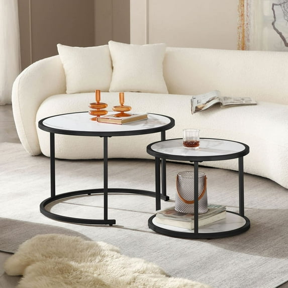 Williamspace 2 Pieces Faux Marble and Metal Modern Living Room Table Set, Black & White