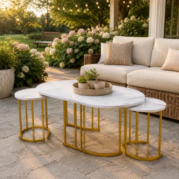 Nesting Coffee Table Set, 3 Piece, faux marble top, powder coated gold metal frame, for living room, white