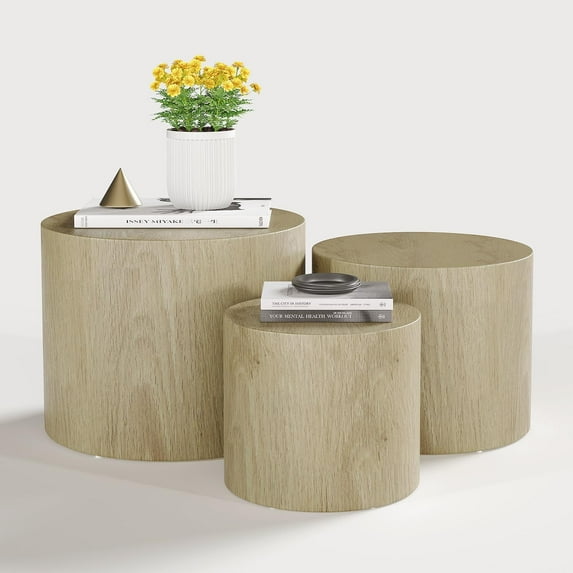 LAZZO Nesting Round Coffee Table Set of 3, Modern Wooden Accent Side Table, Space-Saving Table for Living Room Bedroom, Natural Wood Color