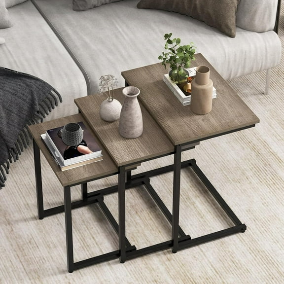 Nesting Coffee Table Set of 3, Stackable Square End Table w/Wood Grain Tabletop & Heavy-Duty Metal Frame, Farmhouse C-Shaped Accent Table for Small Space, Living Room, Bedroom (Black Oak)