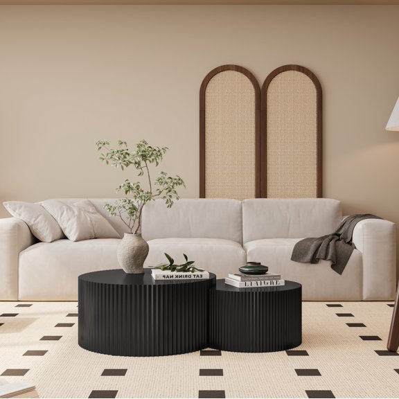 Nesting Coffee Table Set, Modern MDF Wood Vertical Stripe Design with Crescent Small Table, Black Finish, 31.5" Large & 23.6" Small Tables for Living Room and Bedroom, Set of 2 Pieces