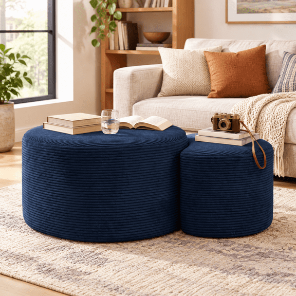 Nesting Coffee Table Set Of 2 Corduroy Ottoman Soft Foot Rest Movable Largepouf Footstool For Living Room Sofa Couch Bedroom Entry