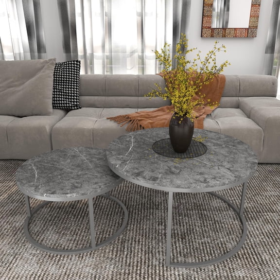 Nesting Coffee Table Set Of 2, Round Marble-Effect Top, Gray/Gray, Industrial Style, Living Room