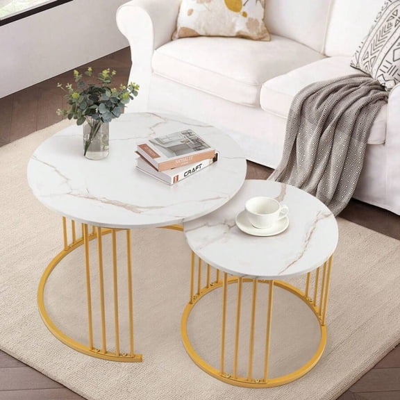 Nesting Coffee Table Set Of 2, Round Shape & Modern Style, Multi-Use As End Side Table & Night Stand For Bedroom & Dining Room