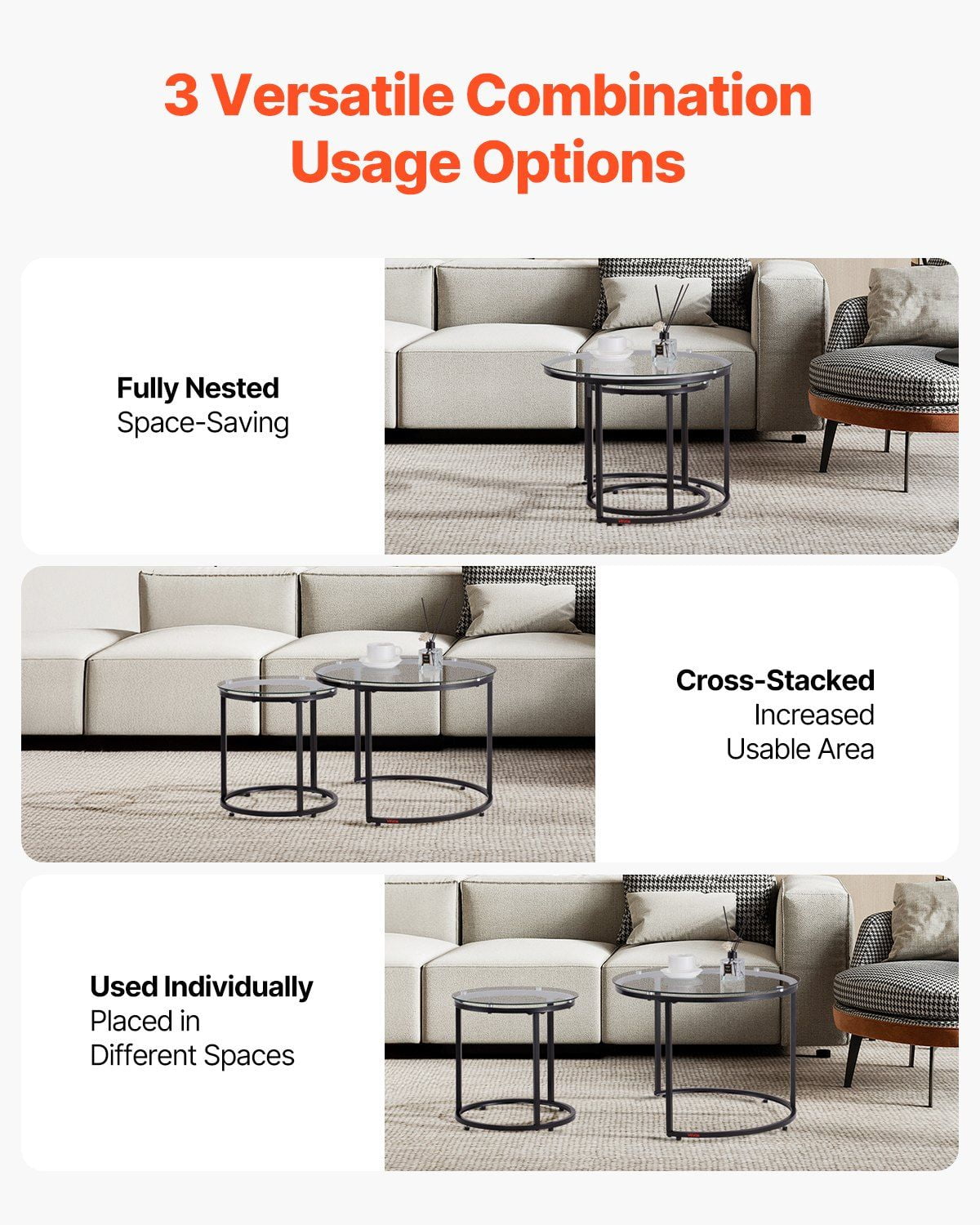 Nesting Coffee Table Set of 2, 23.6 in Round Coffee Table, Glass ...