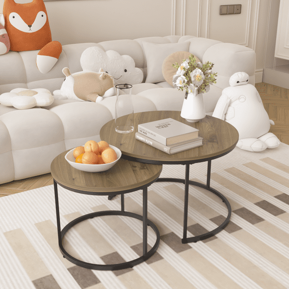 Nesting Coffee Table Set of 2, 27.6 Inch Round Coffee Table with Marble Top & Metal Frame, End Table Side Tables for Living Room Bedroom, Brown
