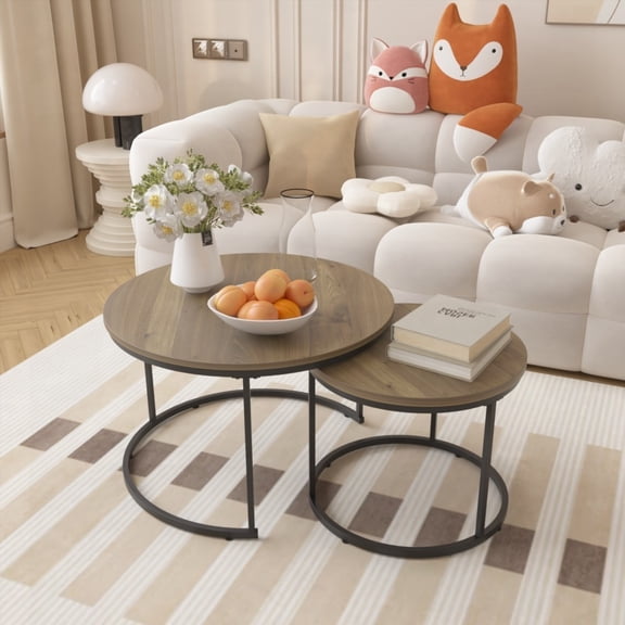Nesting Coffee Table Set of 2, 27.6inch Round with Industrial Wood Finish and Sturdy Metal Frame for Living Room Bedroom Balcony Yard (Brown)