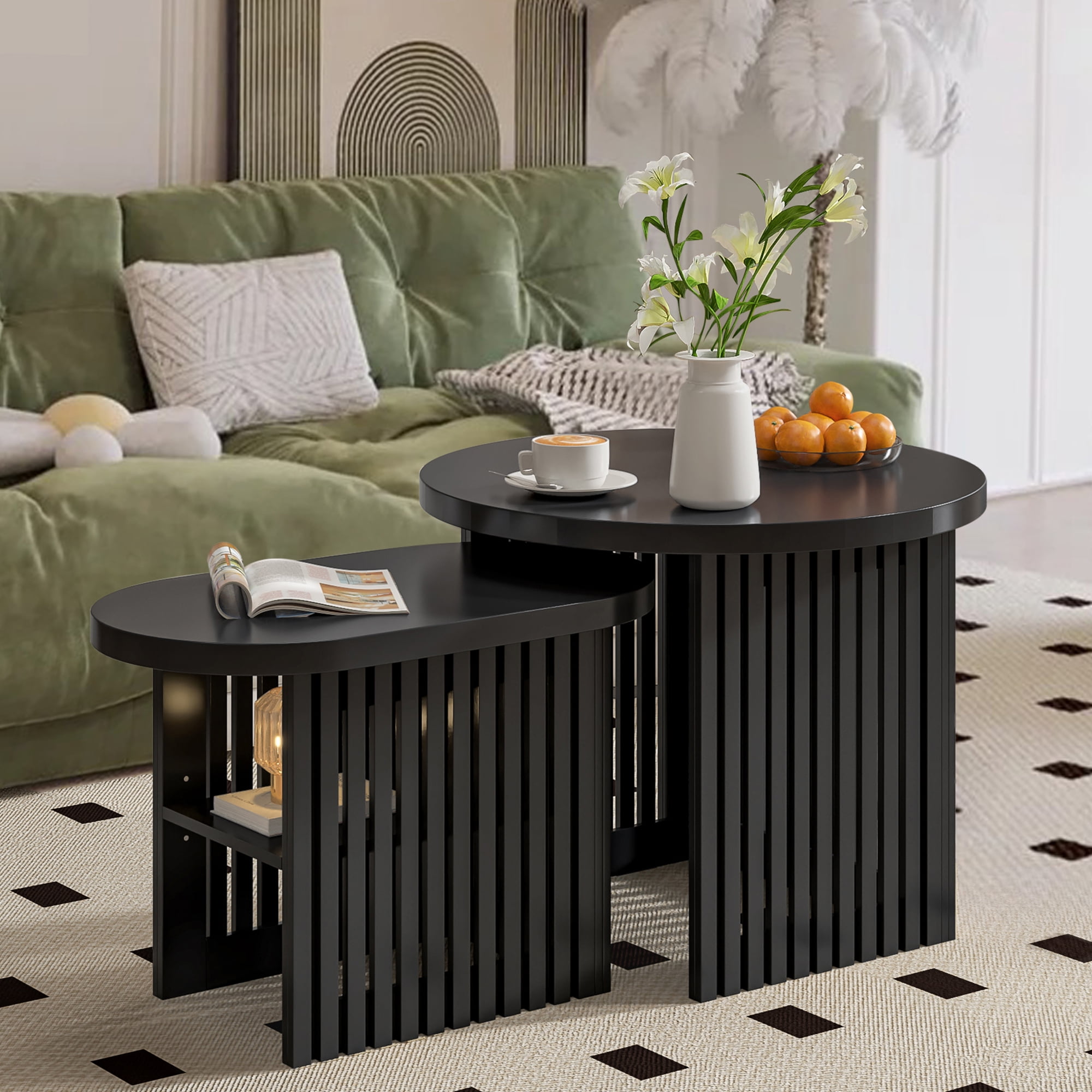 Nesting Coffee Table Set of 2, Fluted Round Side Table Wood End Tables ...