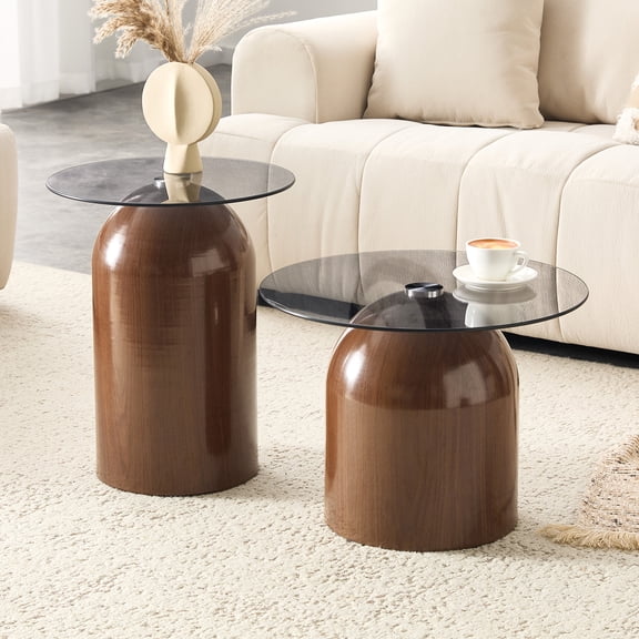 Nesting Coffee Table Set of 2, Glass Desktop for Living Room, Space Saving Circle Center Table for Saving Space, for Living Room, Office(Walnut)