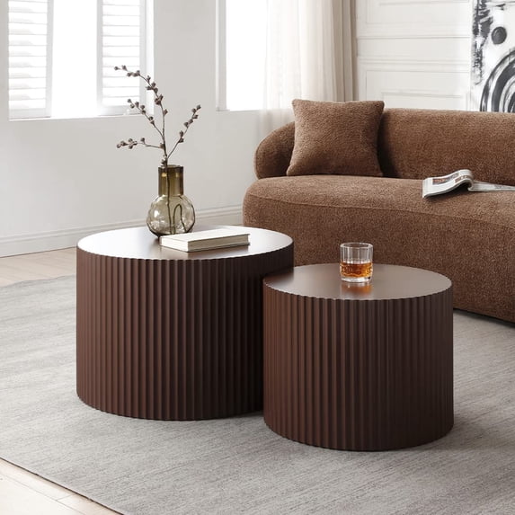 Nesting Coffee Table Set of 2, Matte Brown Round Wooden Coffee Tables, Modern Luxury Side Tables Accent End Table for Living Room Apartment