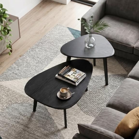 Nesting Coffee Table Set of 2, Mid-Century Modern Guitar Pick Side Tables with Solid Wood Legs,Black