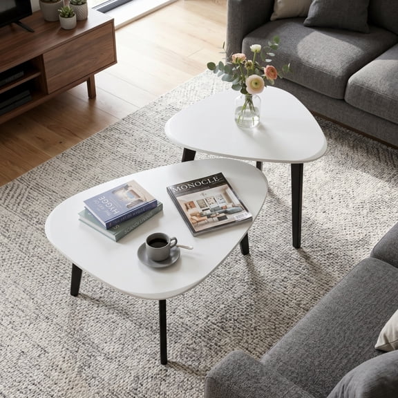 Nesting Coffee Table Set of 2, Mid-Century Modern Guitar Pick Side Tables with Solid Wood Legs, White