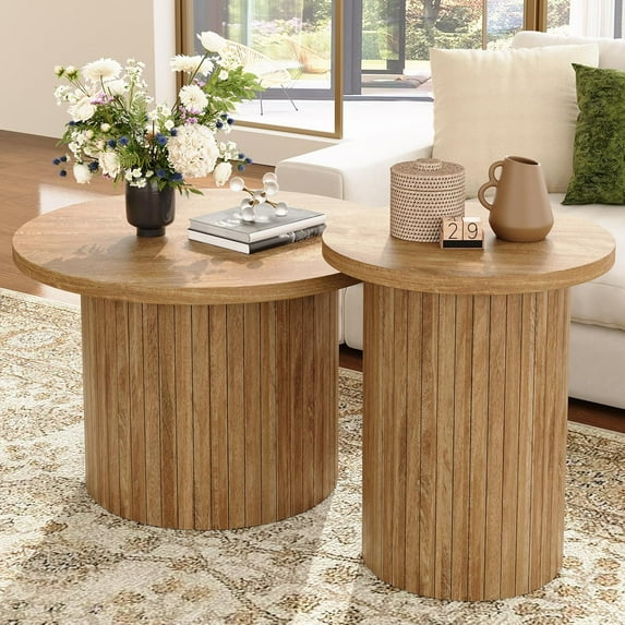 Nesting Coffee Table Set of 2, Mid Century Modern Round Coffee Table, Wood Slat Side Table Set for Living Room, Office, Balcony (Natural Oak)