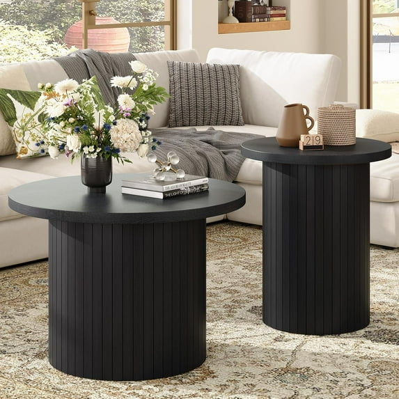 Nesting Coffee Table Set of 2, Mid Century Modern Round Coffee Table, Wood Slat Side Table Set for Living Room, Office, Balcony, Textured Black