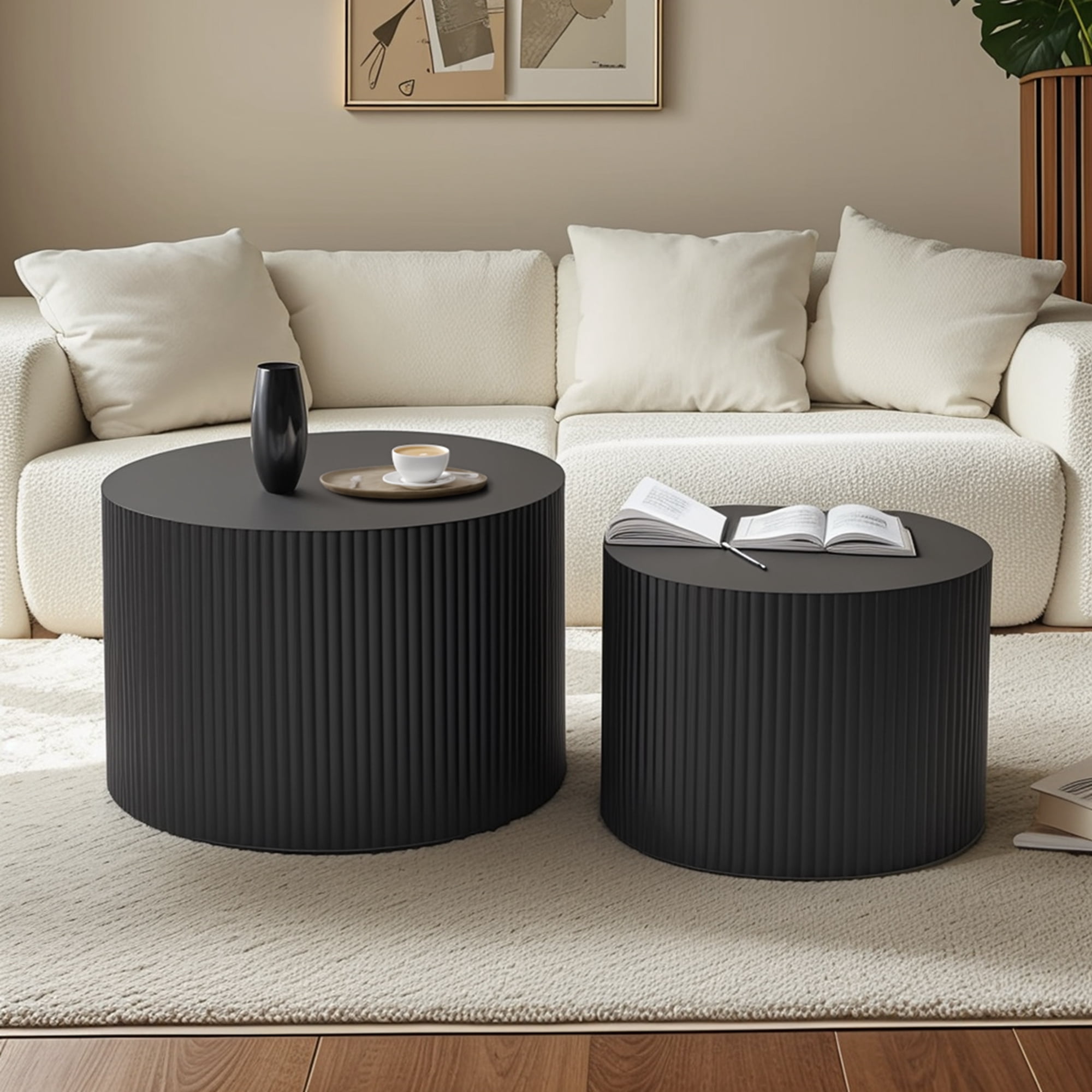 Nesting Coffee Table Set of 2, Modern Drum Side Table End Table, Wave Stripe Round Coffee Table for Living Room, Bedroom, No Assembly, Black