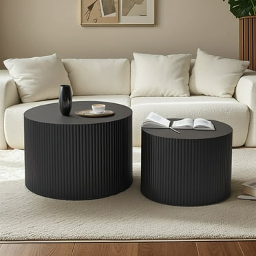 Nesting Coffee Table Set of 2, Modern Drum Side Table End Table, Wave Stripe Round Coffee Table for Living Room, Bedroom, No Assembly, Black