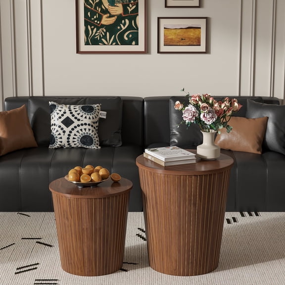 Nesting Coffee Table Set of 2, Modern Round End Table with Storage, Farmhouse Side Table (Walnut)