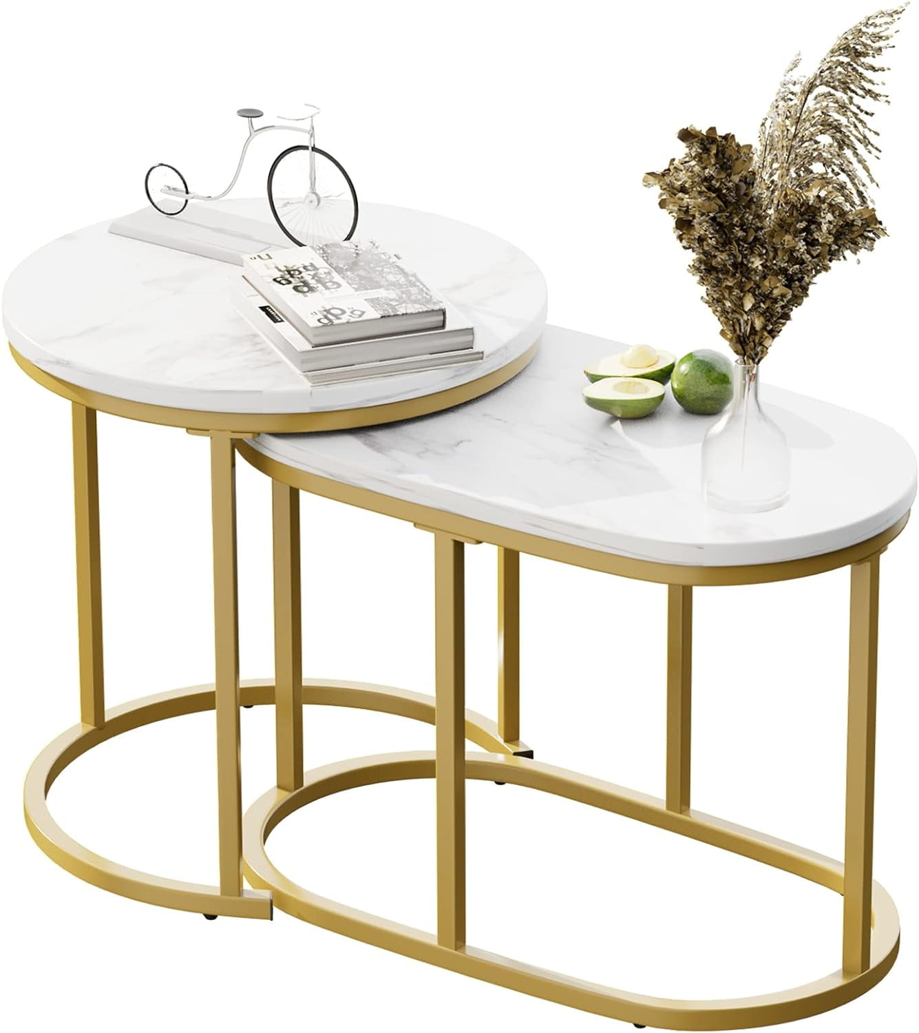 Nesting Coffee Table Set of 2 Modern Round White Marble Wood Table,Side ...
