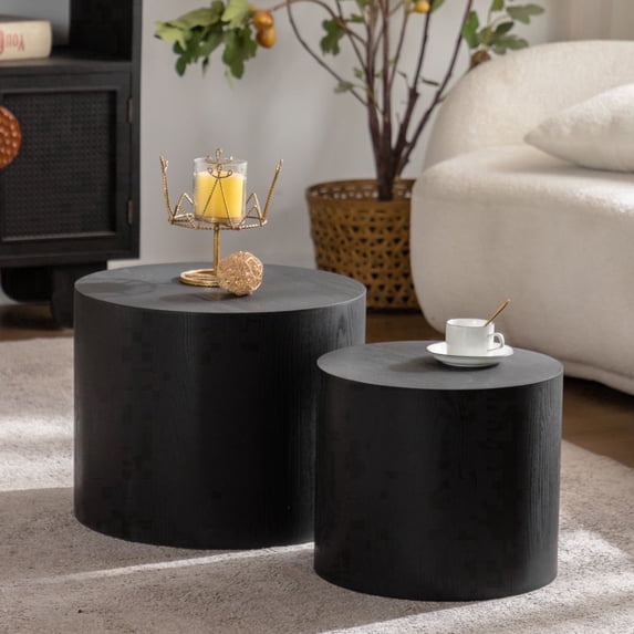 Vanress Nesting Coffee Table Set of 2, Modern Round Coffee Table, No Assembly Required Wooden Circle Accent Side Tables for Living Room Bedroom Office Small Spaces, Black