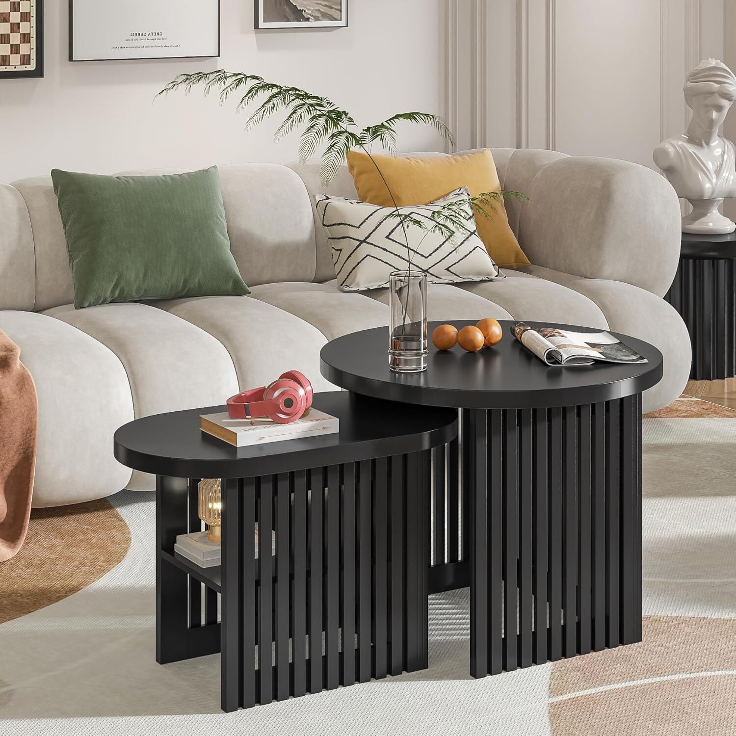 Nesting Coffee Table Set of 2, Round Coffee Table with Storage Shelf ...