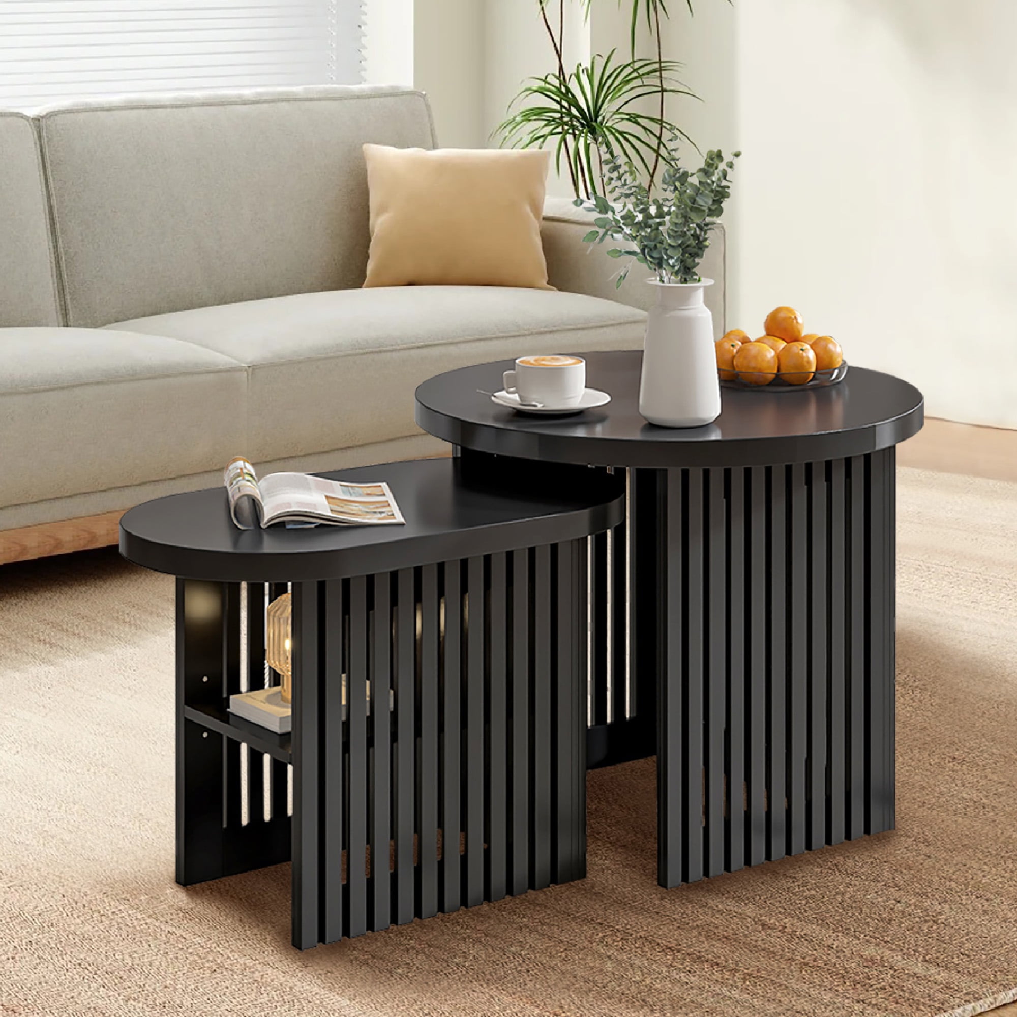 Nesting Coffee Table Set of 2, Round Coffee Tables with Storage Shelf ...